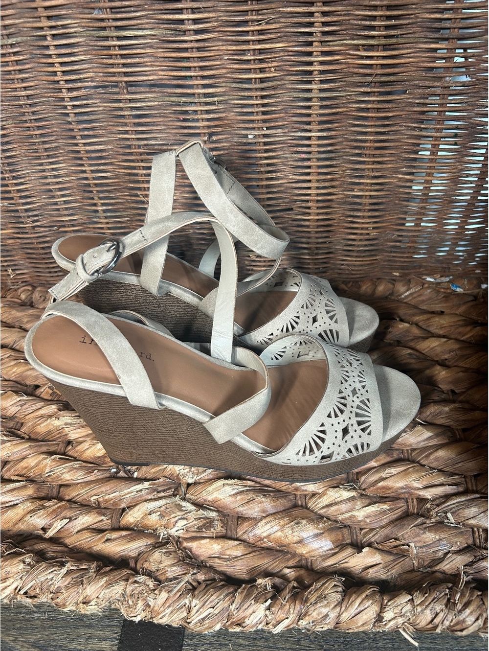 Taupe laser-cut wedge sandals